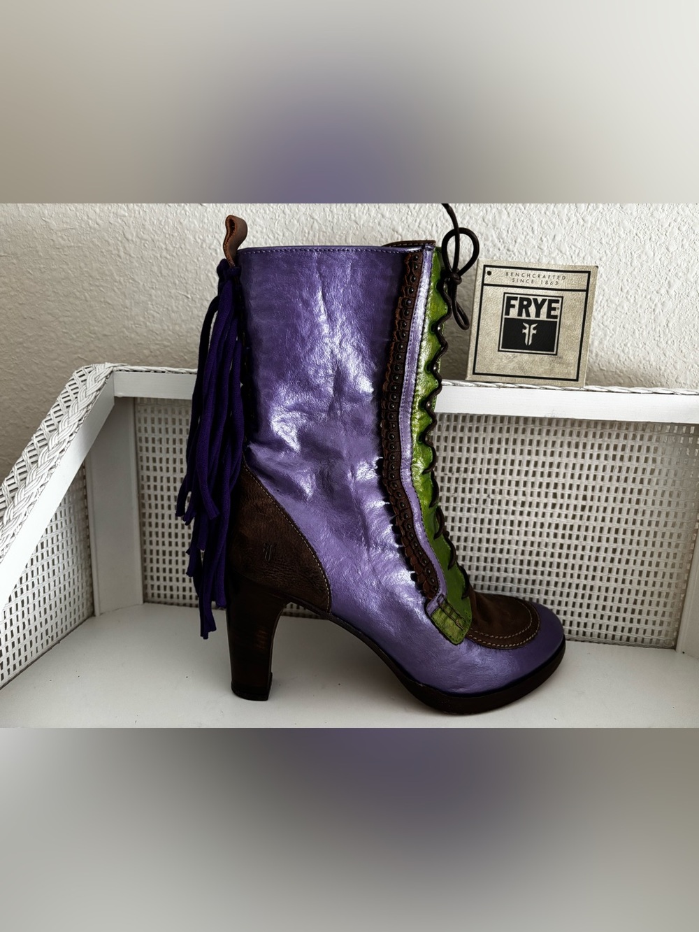 Custom FRYE Purple, Green & Brown Lace-Up Fringe Leather Boots - Picture 4 of 13
